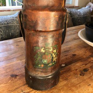 Antique English Leather Fire Bucket Cordite Carrier Hand Painted Coat of Arms